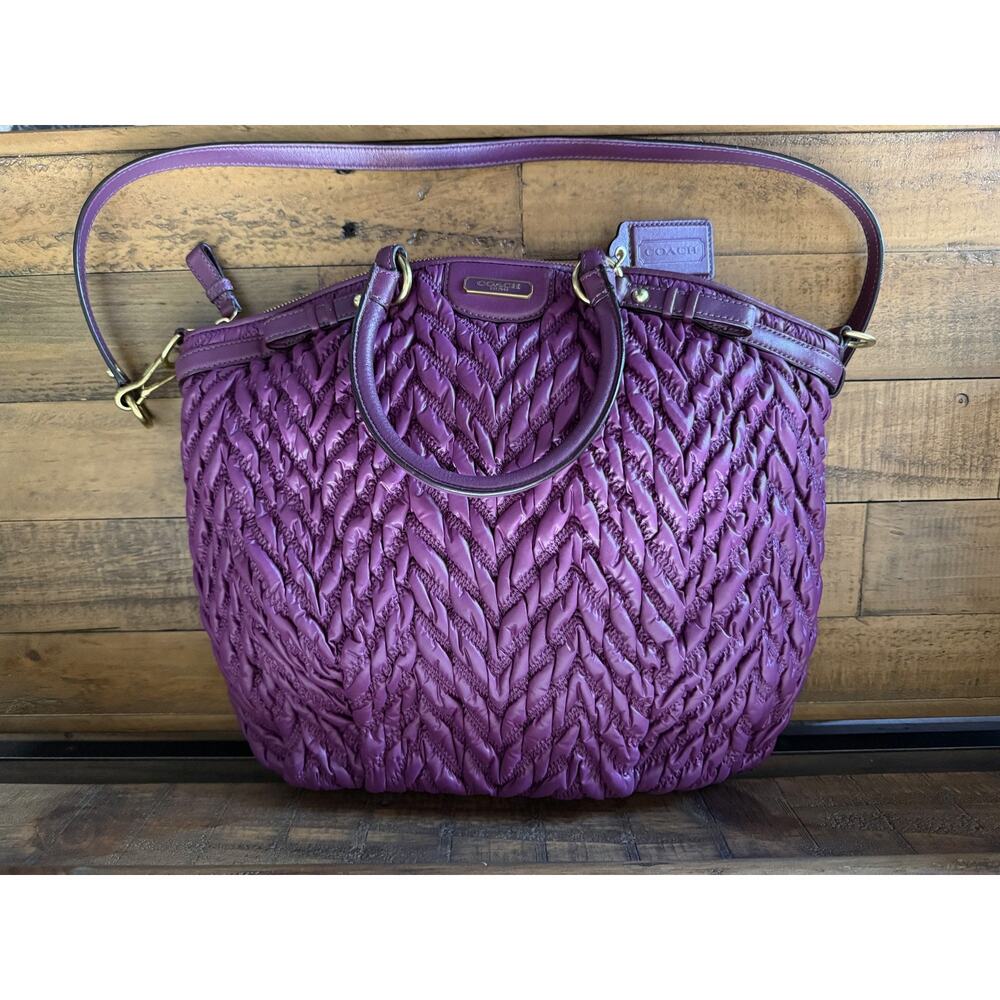 Coach Satchel Bag Womens Large Purple Ruched Nylon Leather Top Handle Shoulder